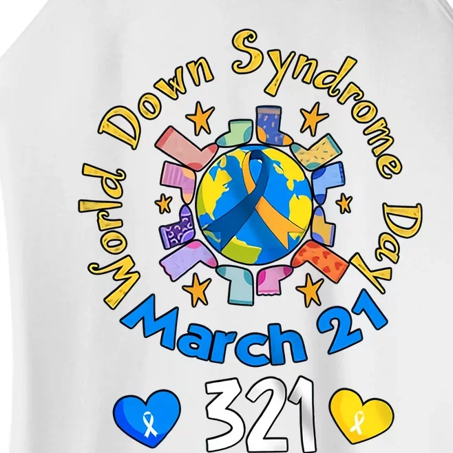 321 World Down Syndrome Day Awareness T21 Trisomy 21 Yellow Blue Ribbon Women’s Perfect Tri Rocker Tank