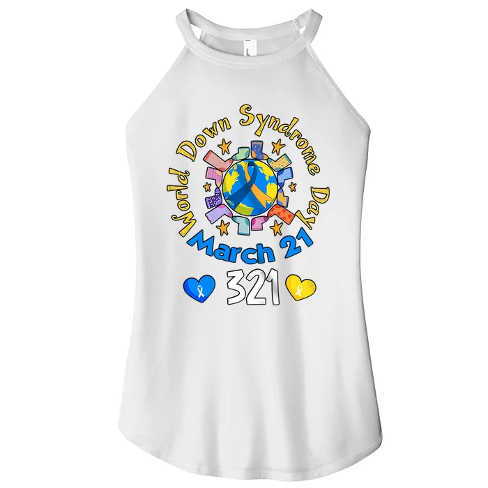 321 World Down Syndrome Day Awareness T21 Trisomy 21 Yellow Blue Ribbon Women’s Perfect Tri Rocker Tank