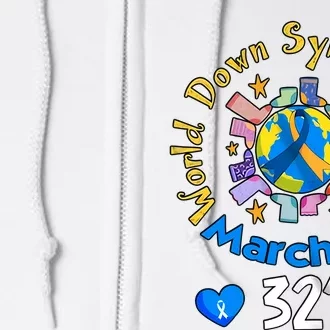 321 World Down Syndrome Day Awareness T21 Trisomy 21 Yellow Blue Ribbon Full Zip Hoodie