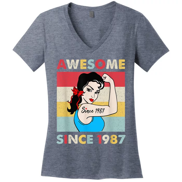 35 Year 35th Birthday Wo Vintage 1987 Birthday Present Gift Women's V-Neck T-Shirt