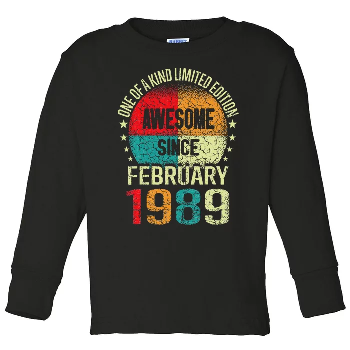 34 Year Awesome Since February 1989 Vintage 34th Birthday 34 Toddler Long Sleeve Shirt