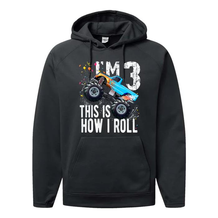 3 Year Old Gift Cool 3th Birthday Boy Gift For Monster Truck Car Lovers Performance Fleece Hoodie