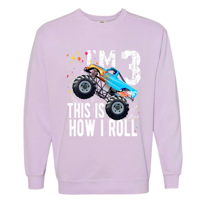 3 Year Old Gift Cool 3th Birthday Boy Gift For Monster Truck Car Lovers Garment-Dyed Sweatshirt