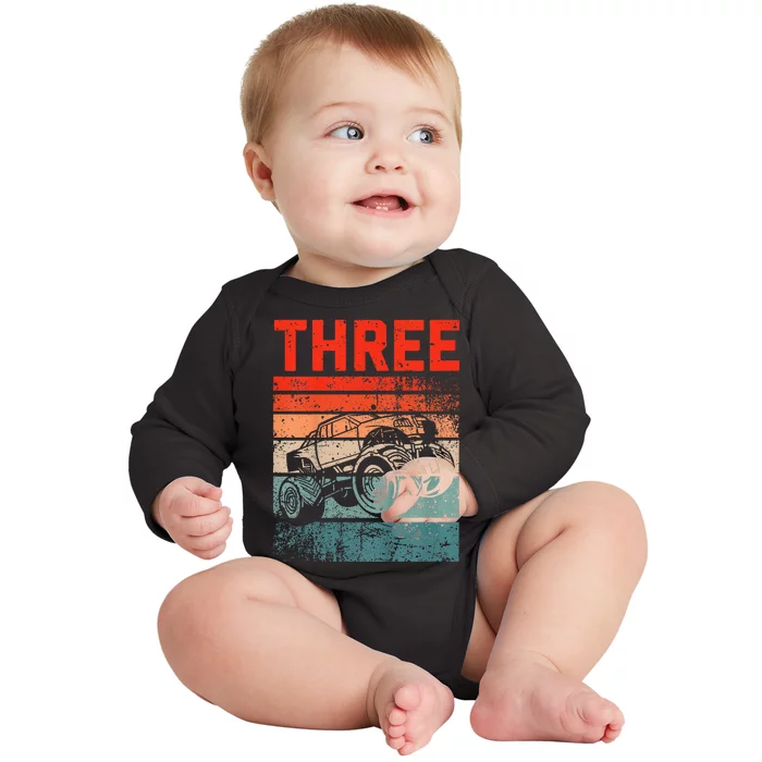 3 Year Old 3rd Birthday Monster Truck Baby Long Sleeve Bodysuit