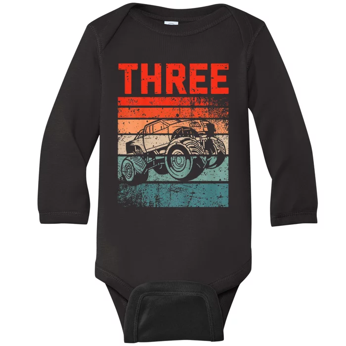 3 Year Old 3rd Birthday Monster Truck Baby Long Sleeve Bodysuit