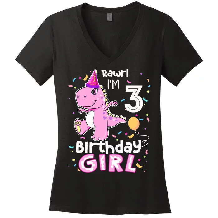 3 Year Old Dinosaur Birthday 3rd T Rex Dino Three Saurus Women's V-Neck T-Shirt