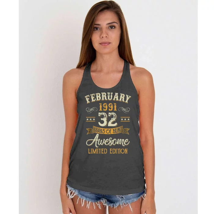 32 Years Old Gifts Vintage February 1991 32nd Birthday Women's Knotted Racerback Tank