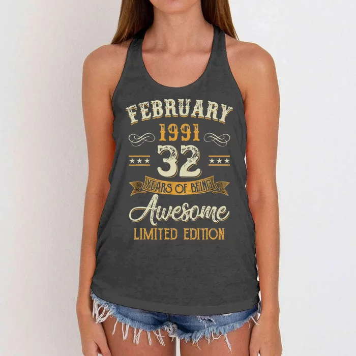 32 Years Old Gifts Vintage February 1991 32nd Birthday Women's Knotted Racerback Tank