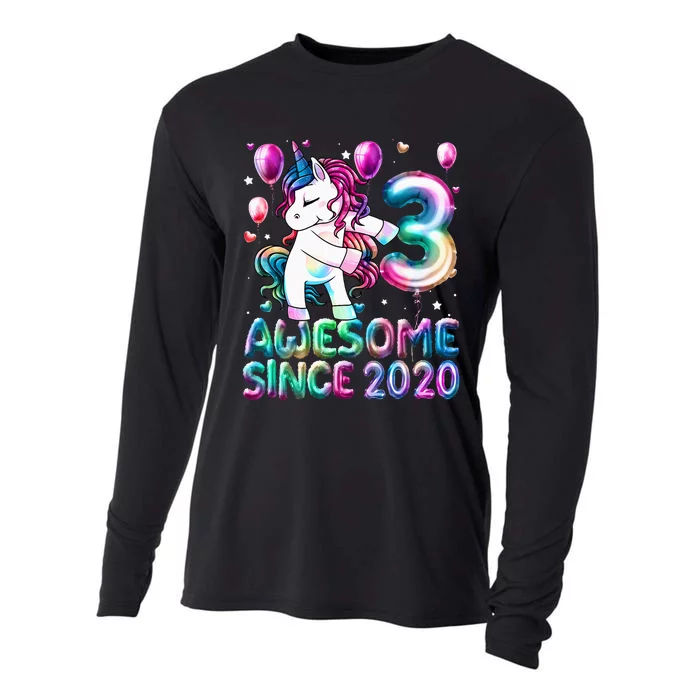 3 Years Old Unicorn Flossing 3rd Birthday Girl Unicorn Party Cooling Performance Long Sleeve Crew