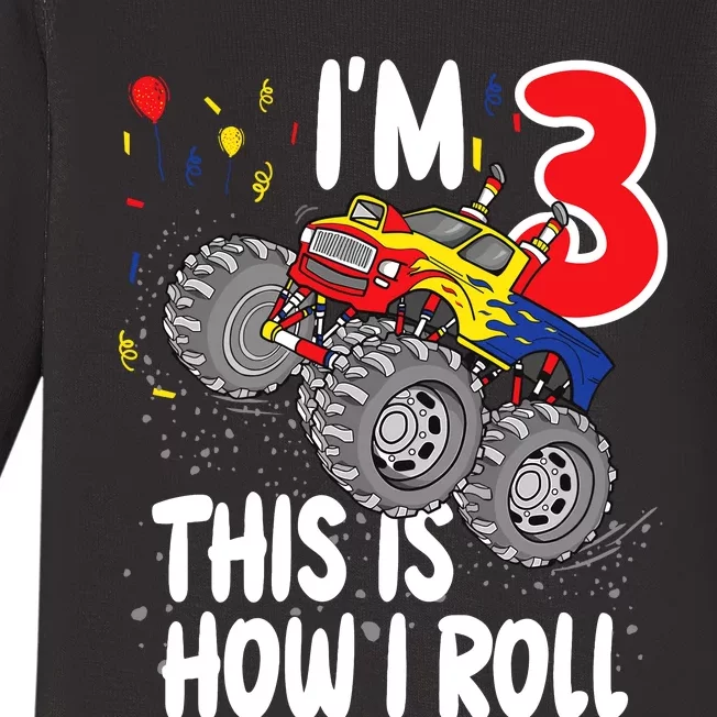 3 Year Old 3rd Birthday Boy Monster Truck Car Baby Long Sleeve Bodysuit