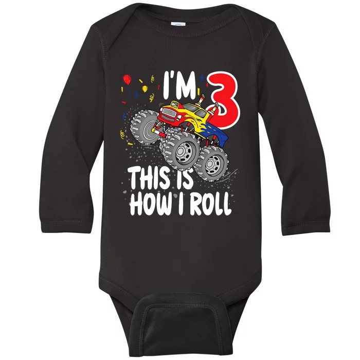 3 Year Old 3rd Birthday Boy Monster Truck Car Baby Long Sleeve Bodysuit