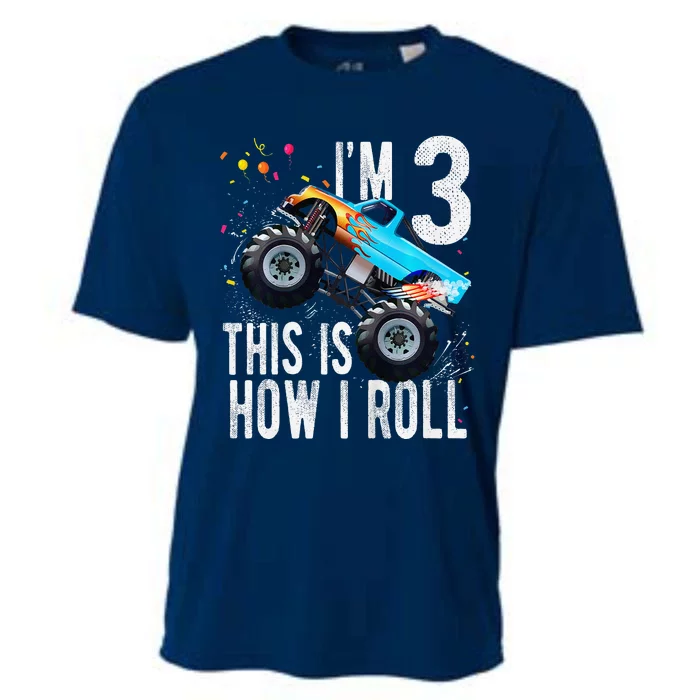 3 Year Old 3rd Birthday Boy Monster Truck Car Cooling Performance Crew T-Shirt