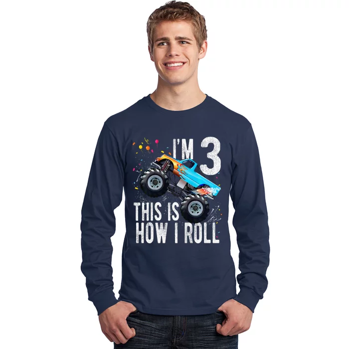 3 Year Old 3rd Birthday Boy Monster Truck Car Long Sleeve Shirt