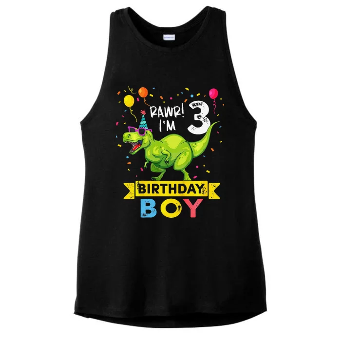 3 Year Old 3rd Birthday Boy T Rex Dinosaur Ladies Tri-Blend Wicking Tank