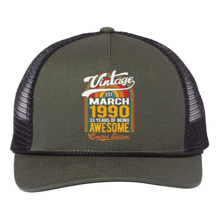 33 Years Of Being Awesome Born In March 1990 33rd Birthday Retro Rope Trucker Hat Cap