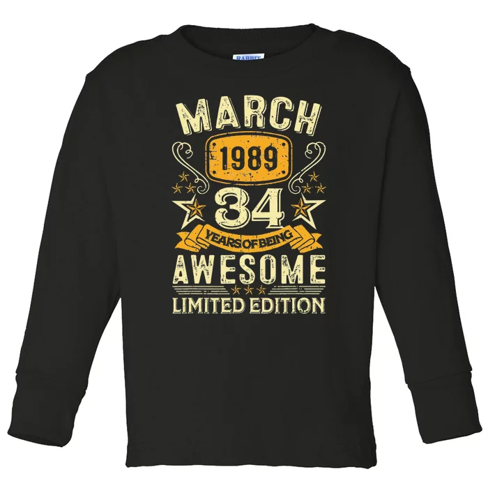 34 Year Old Awesome Since March 1989 34th Birthday Gifts Toddler Long Sleeve Shirt