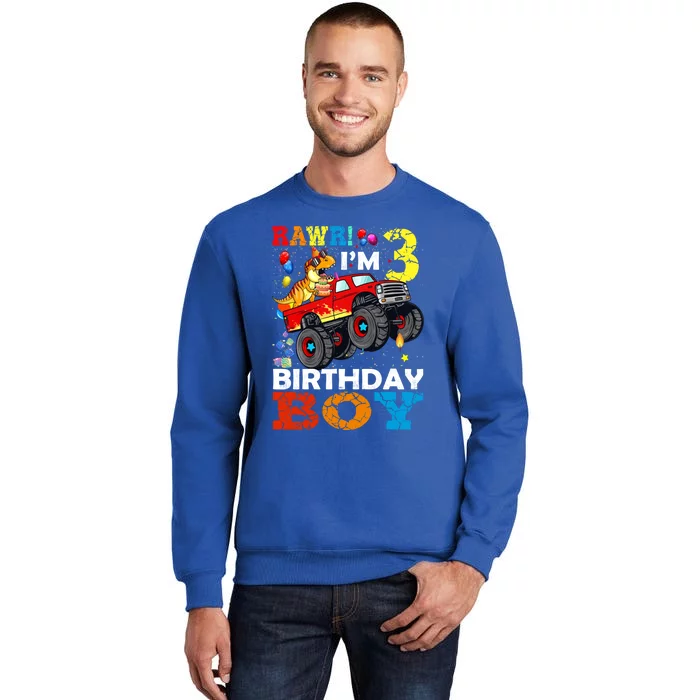 3 Year Old Funny Gift 3rd Birthday Boy Dinosaur Monster Truck Gift Tall Sweatshirt