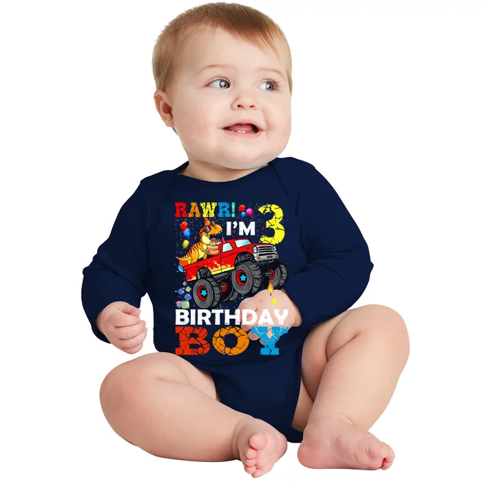 3 Year Old Funny Gift 3rd Birthday Boy Dinosaur Monster Truck Gift Baby Long Sleeve Bodysuit