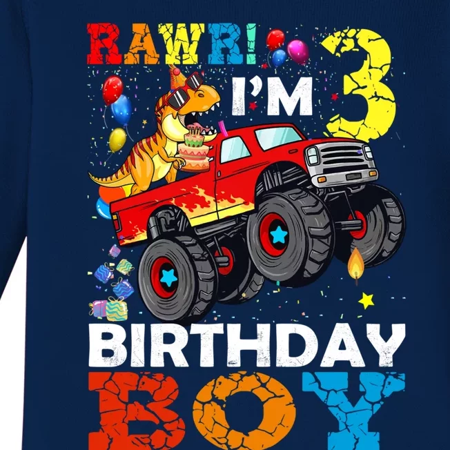 3 Year Old Funny Gift 3rd Birthday Boy Dinosaur Monster Truck Gift Baby Long Sleeve Bodysuit