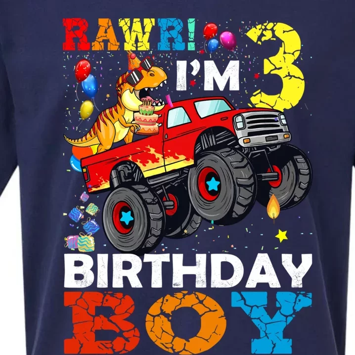 3 Year Old Funny Gift 3rd Birthday Boy Dinosaur Monster Truck Gift Sueded Cloud Jersey T-Shirt