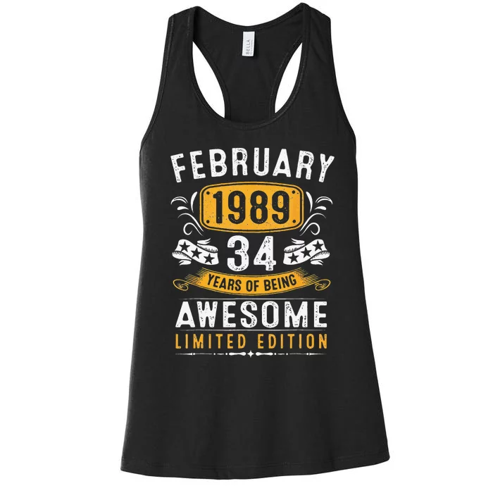 34 Years Old Gifts Vintage February 1989 34th Birthday Women's Racerback Tank