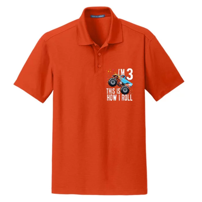 3 Year Old Shirt 3rd Birthday Boy Monster Truck Car Dry Zone Grid Performance Polo