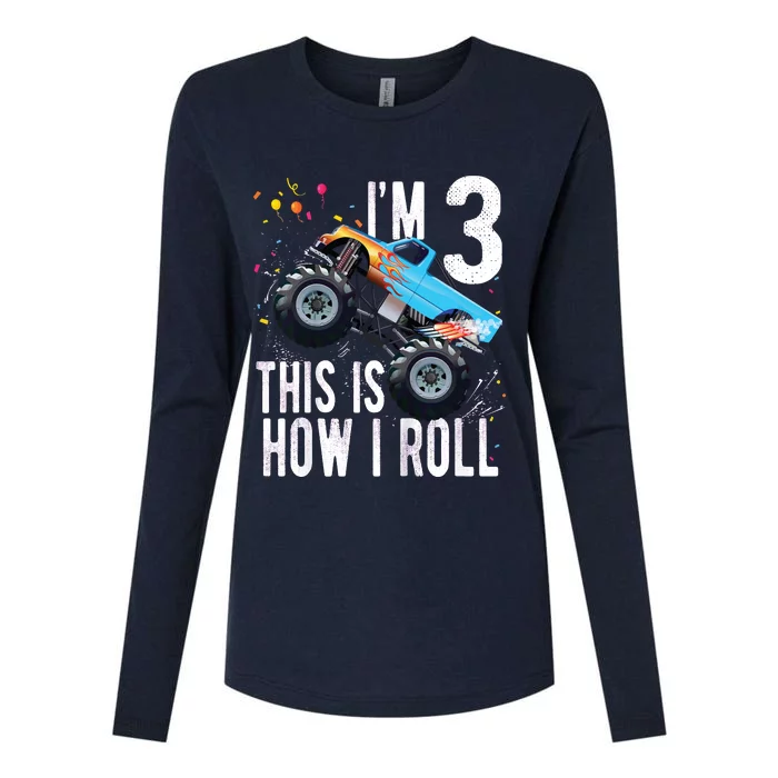 3 Year Old Shirt 3rd Birthday Boy Monster Truck Car Womens Cotton Relaxed Long Sleeve T-Shirt