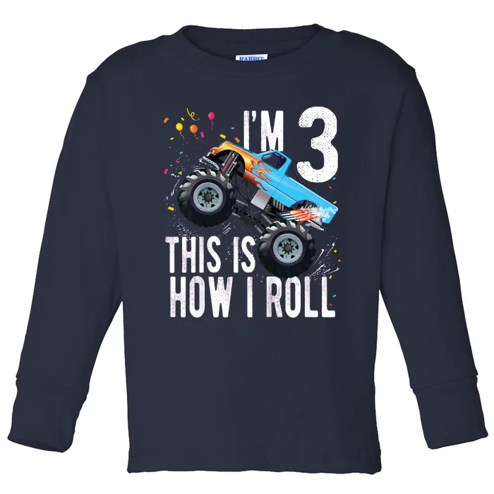 3 Year Old Shirt 3rd Birthday Boy Monster Truck Car Toddler Long Sleeve Shirt