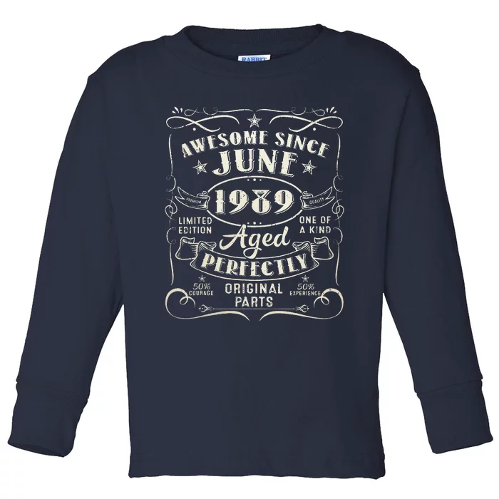 34 Year Old Awesome Since June 1989 34th Birthday Toddler Long Sleeve Shirt