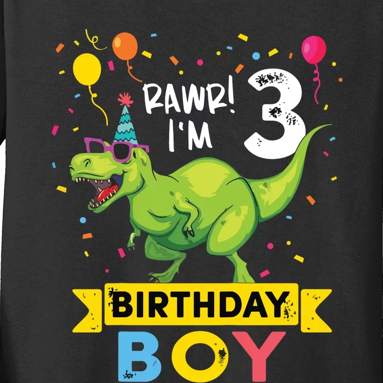 3 Year Old 3rd Birthday Rex Dinosaur Kids Long Sleeve Shirt