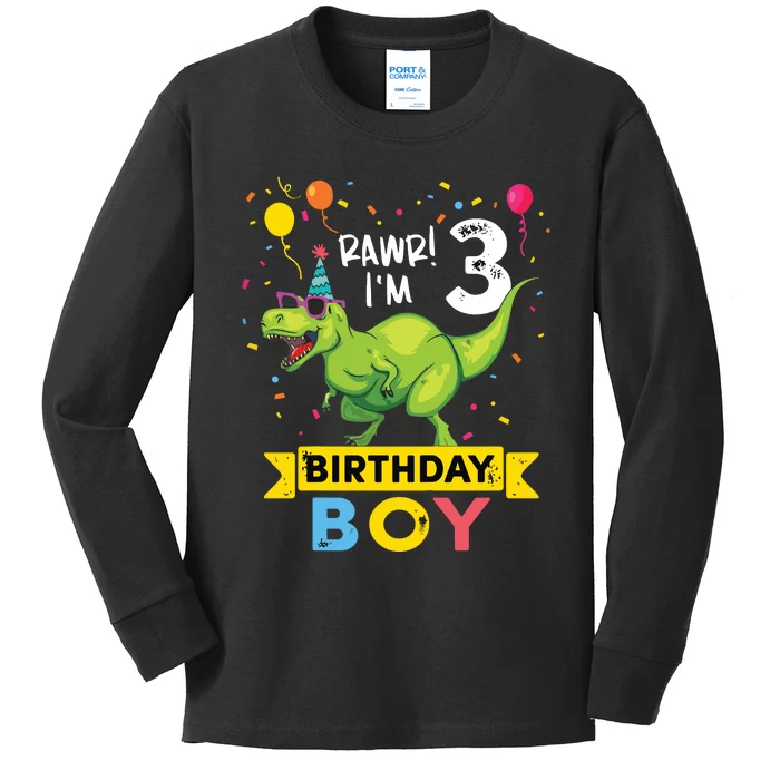 3 Year Old 3rd Birthday Rex Dinosaur Kids Long Sleeve Shirt