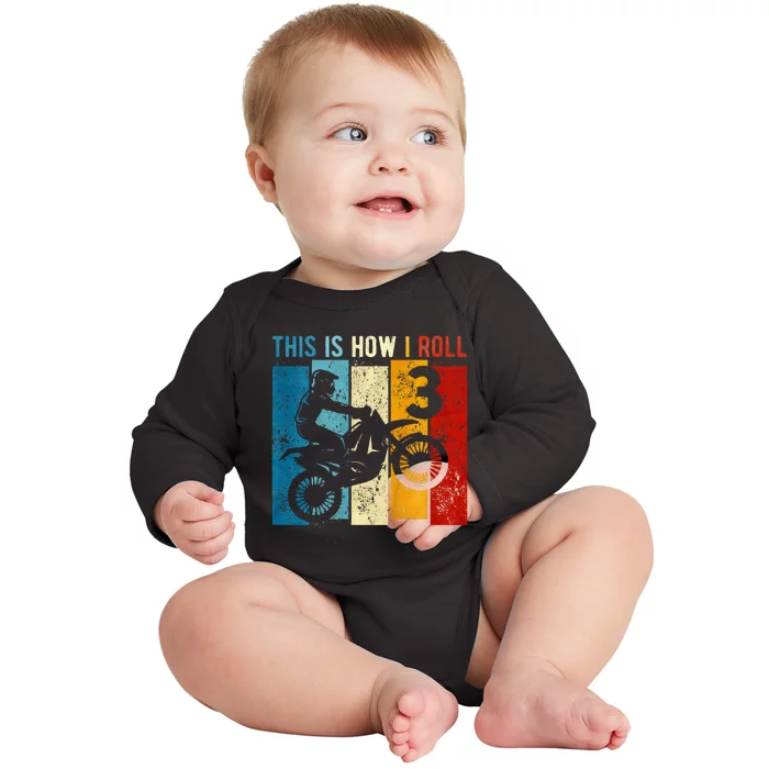 3 Year Old Birthday Boy Motocross 3rd Birthday Dirt Bike Baby Long Sleeve Bodysuit