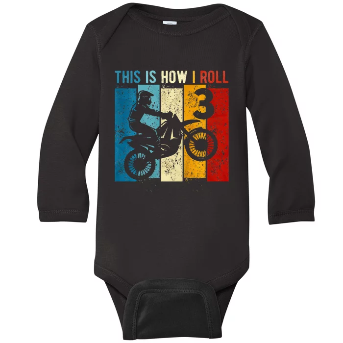 3 Year Old Birthday Boy Motocross 3rd Birthday Dirt Bike Baby Long Sleeve Bodysuit