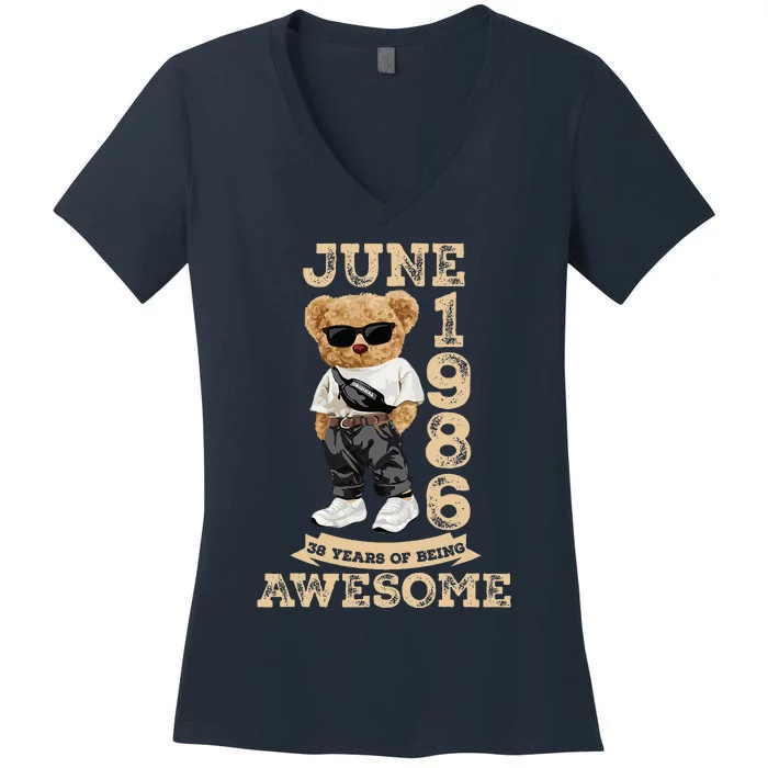 38 Year Old Awesome June 1986 38th Birthday Gifts Women's V-Neck T-Shirt