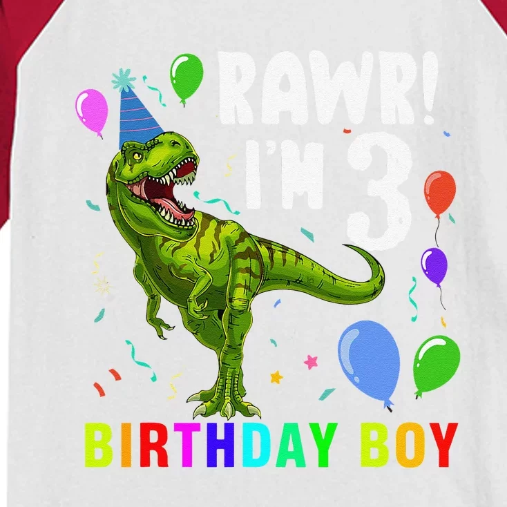 3 Year Old 3rd Birthday T Rex Dinosaur Kids Colorblock Raglan Jersey