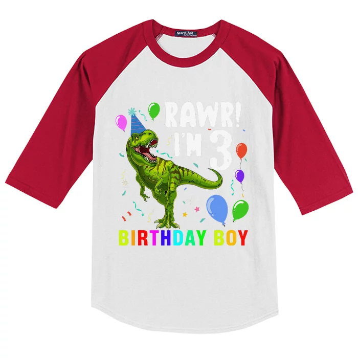 3 Year Old 3rd Birthday T Rex Dinosaur Kids Colorblock Raglan Jersey