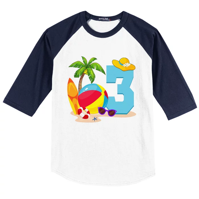 3 Year Old Beach Ball Pool Party Birthday Summer Vacation Baseball Sleeve Shirt