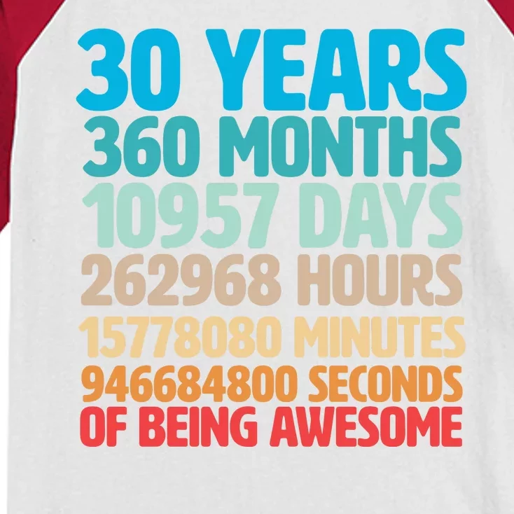 30 Years Of Being Awesome 30th Birthday Time Breakdown Kids Colorblock Raglan Jersey