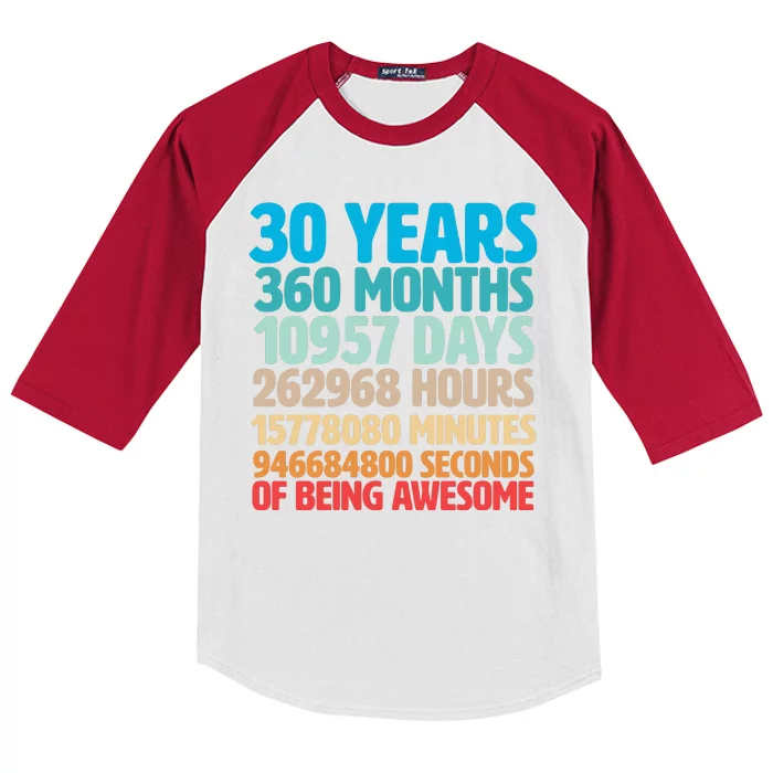 30 Years Of Being Awesome 30th Birthday Time Breakdown Kids Colorblock Raglan Jersey