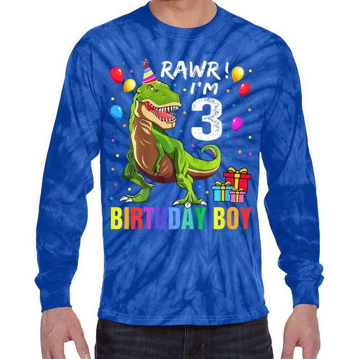 3 Year Old 3rd Birthday T Rex Dinosaur Tie-Dye Long Sleeve Shirt