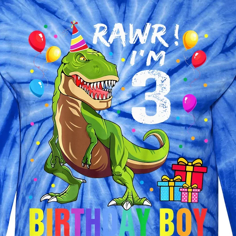 3 Year Old 3rd Birthday T Rex Dinosaur Tie-Dye Long Sleeve Shirt