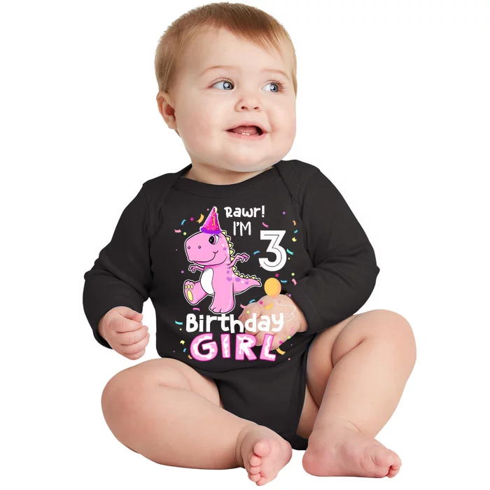 3 Year Old Dinosaur Birthday 3rd T Rex Dino Three Saurus Baby Long Sleeve Bodysuit