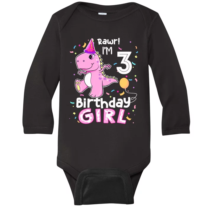 3 Year Old Dinosaur Birthday 3rd T Rex Dino Three Saurus Baby Long Sleeve Bodysuit