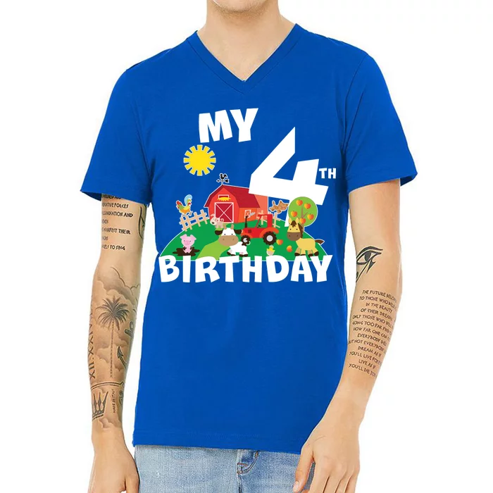 4 Year Old Farm My 4th Birthday V-Neck T-Shirt