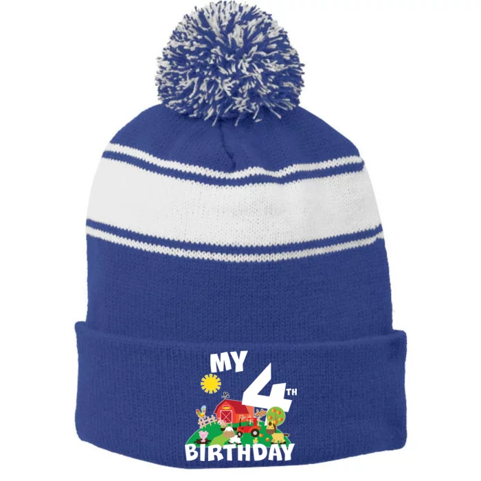 4 Year Old Farm My 4th Birthday Stripe Pom Pom Beanie