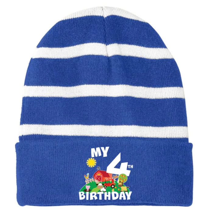 4 Year Old Farm My 4th Birthday Striped Beanie with Solid Band