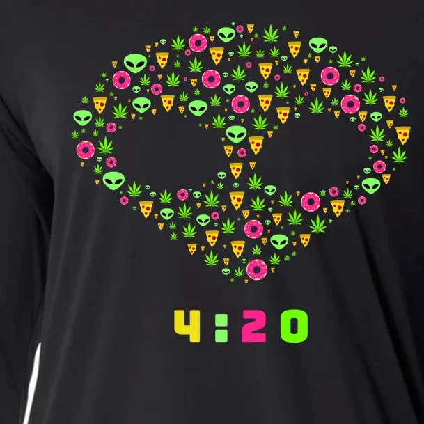 420 Alien Face Marijuana Weed With Pizza and Donuts Cooling Performance Long Sleeve Crew