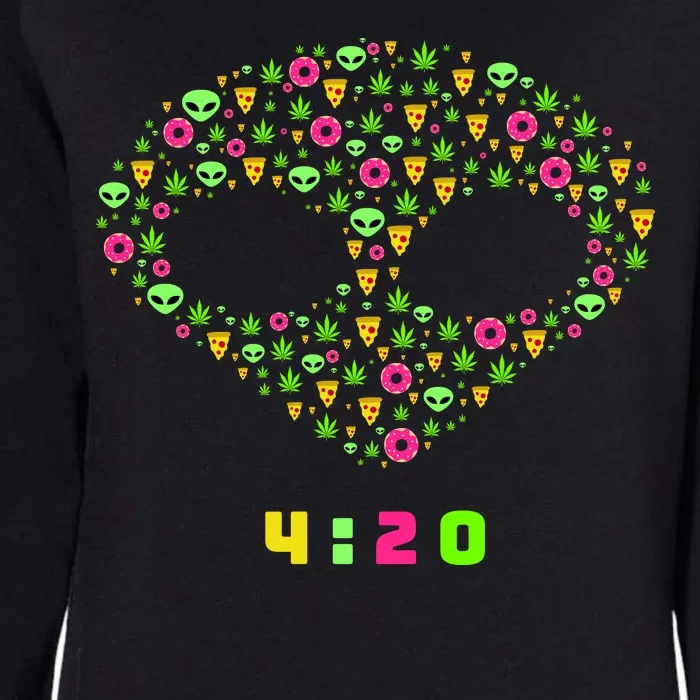 420 Alien Face Marijuana Weed With Pizza and Donuts Womens California Wash Sweatshirt