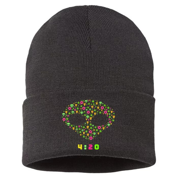 420 Alien Face Marijuana Weed With Pizza and Donuts Sustainable Knit Beanie