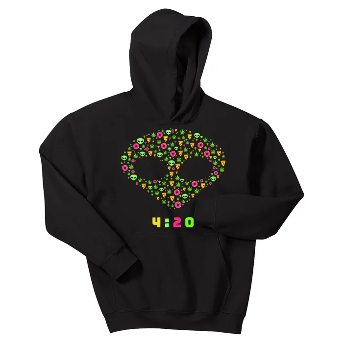 420 Alien Face Marijuana Weed With Pizza and Donuts Kids Hoodie